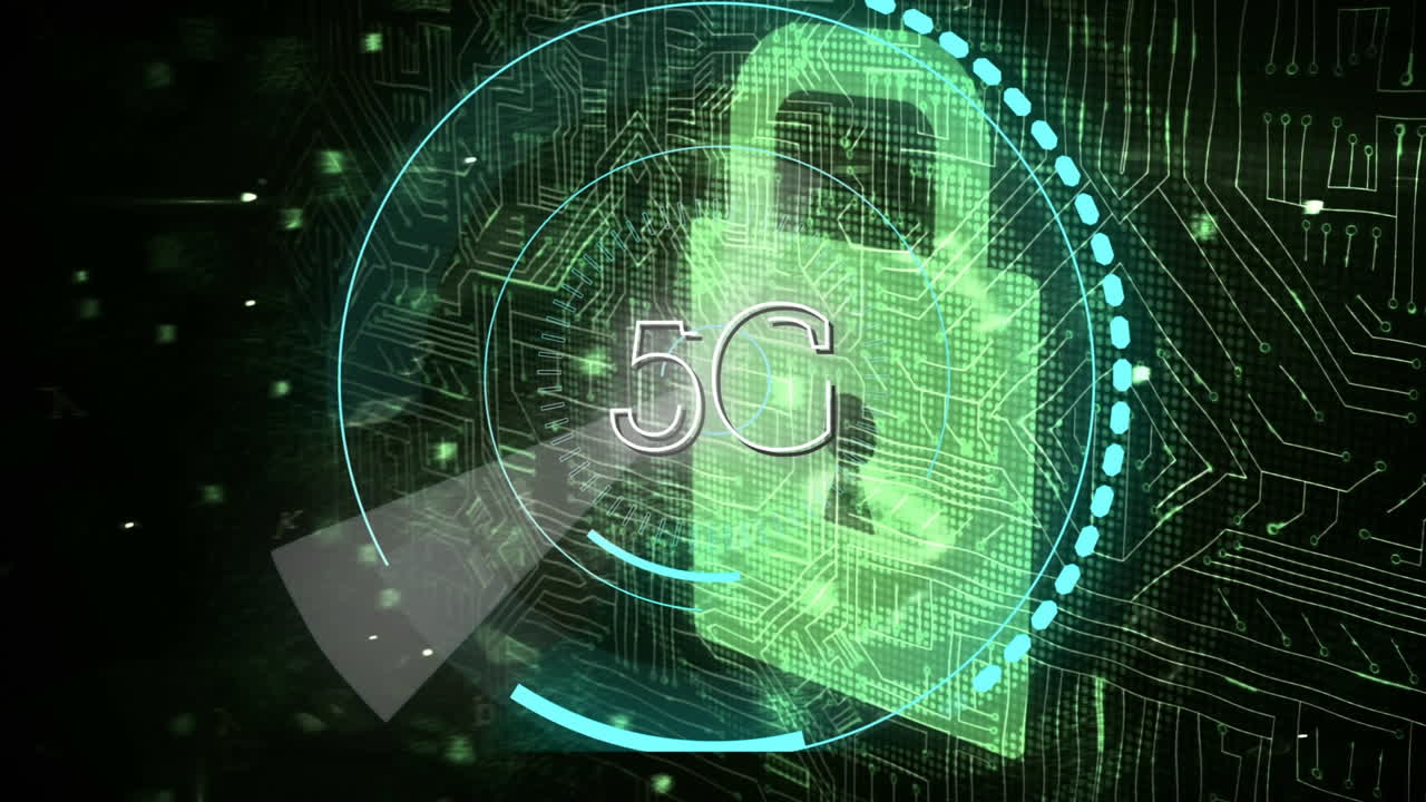 5g escrito en el medio de un círculo futurista y un circuito futurista con cerradura