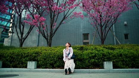 woman enjoying cherry blossoms in a city park