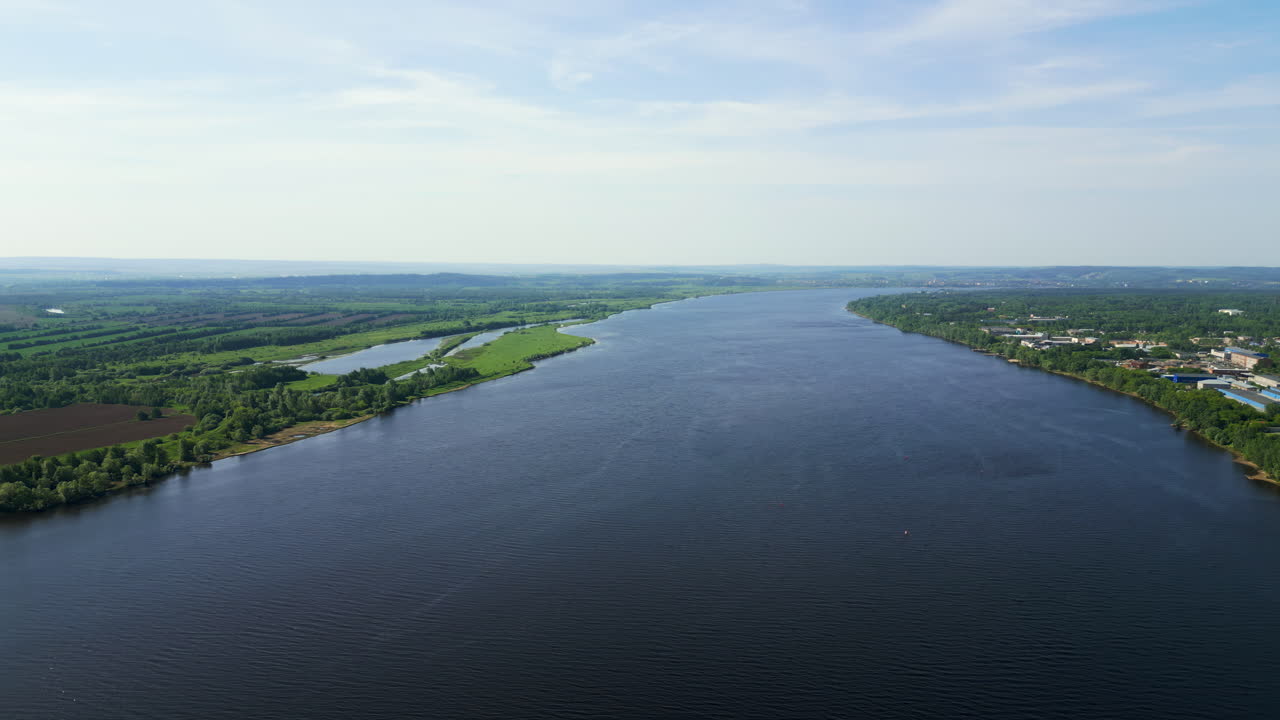 Panoramic Aerial View of a Wide River with Green Banks and Distant Town