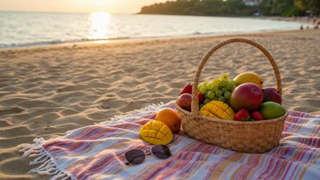 a vibrant basket of fresh fruits on a beach blanket, captured at sunset, showcasing an array of tropical delights perfect for a relaxing coastal retreat