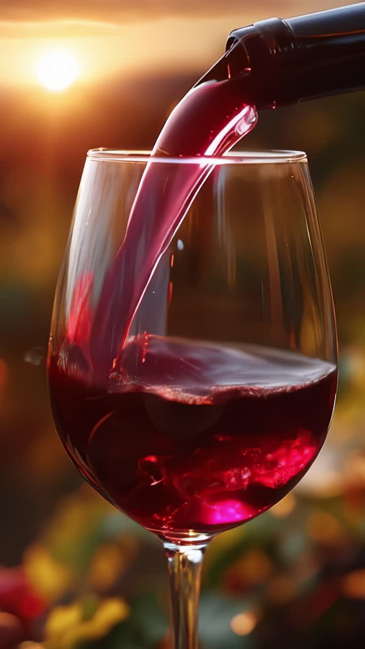 Una scena accattivante di tramonto con un bicchiere di vino rosso, versato con eleganza e valorizzato dalla luce naturale e calda per un'atmosfera serale invitante