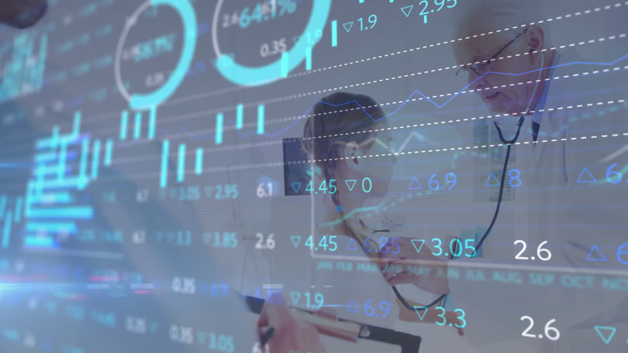 datos financieros y animación del mercado de valores sobre médicos discutiendo registros médicos