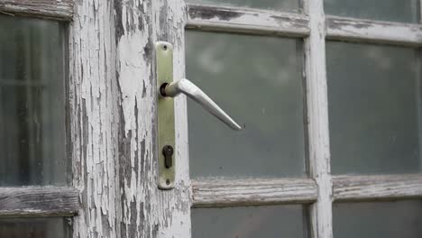 a close-up of a peeling paint door and an old metallic handle