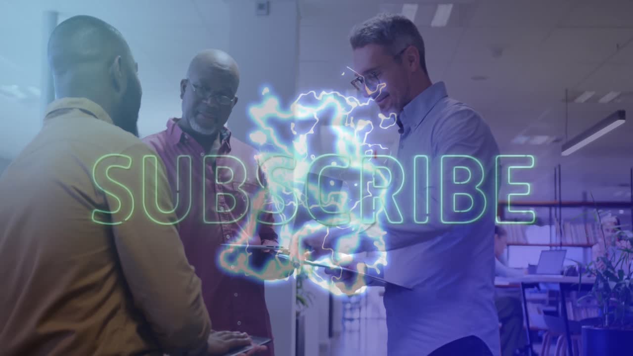 Animation of subscribe text over diverse business people in office