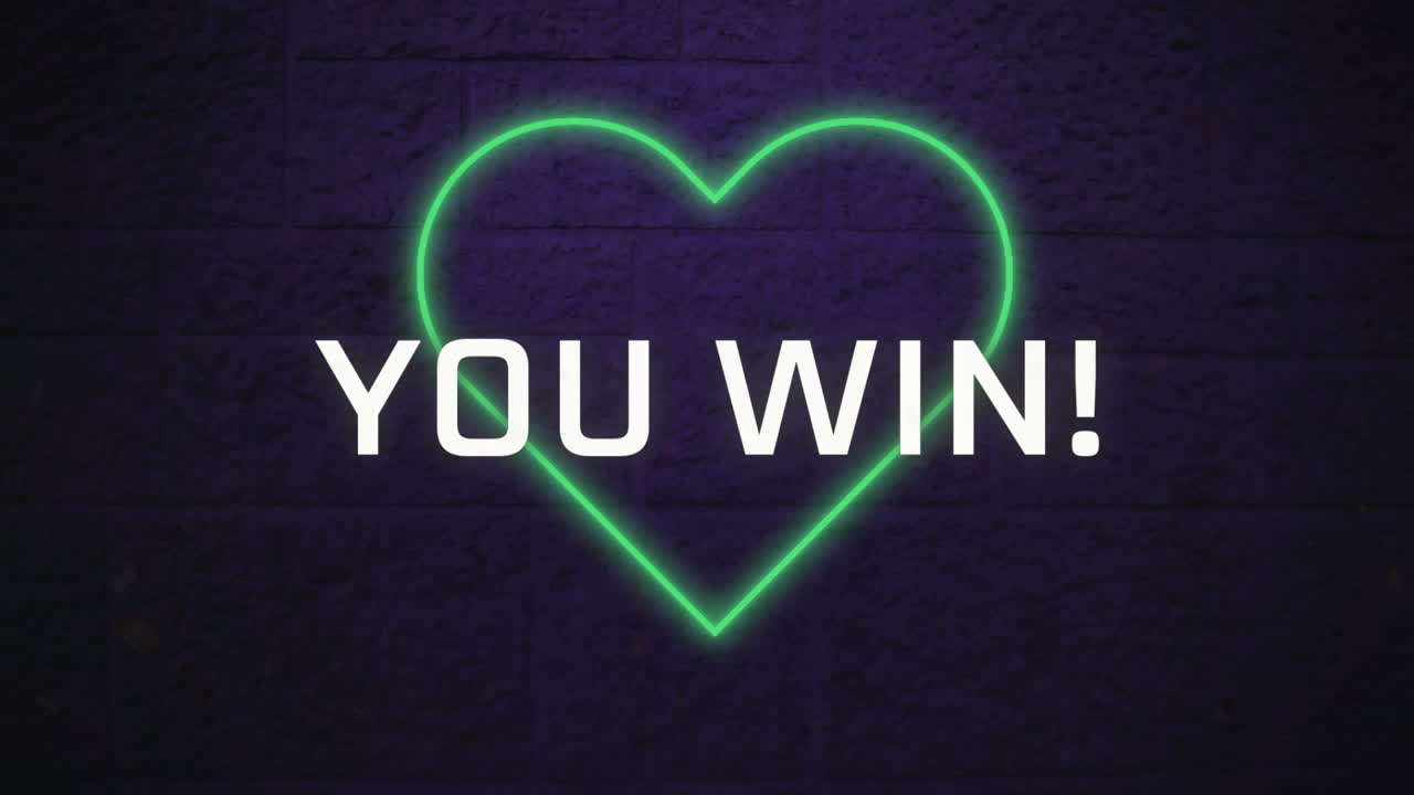 Animazione di un banner testuale "Hai vinto" su un'icona di cuore verde neon su un muro di mattoni grigi