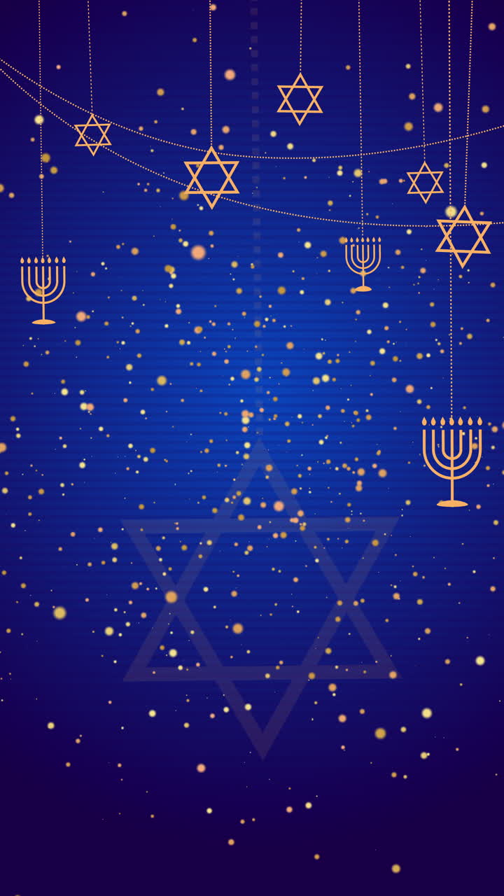 Star of David and Menorah are symbols of Judaism. Jewish characters on blue animated background with shiny particles. Looped vertical video.