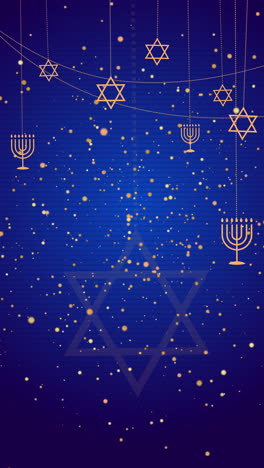 star of david and menorah are symbols of judaism. jewish characters on blue animated background with shiny particles. looped vertical video.