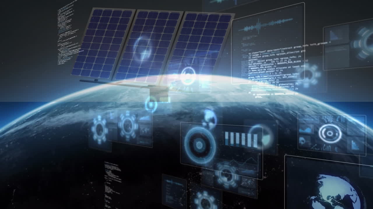 Animation of solar panels and digital data graphics over Earth in space