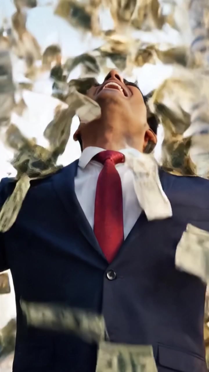 Un uomo in abito celebra il suo successo esibendo con gioia pile di contanti all'aperto, trasudando fiducia e felicità in un moderno ambiente urbano.