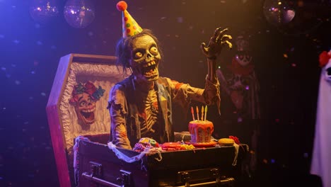 a spooky birthday celebration: a skeleton emerges from a coffin, party hat adorning its head as it grins menacingly, surrounded by colorful decorations and costumed figures