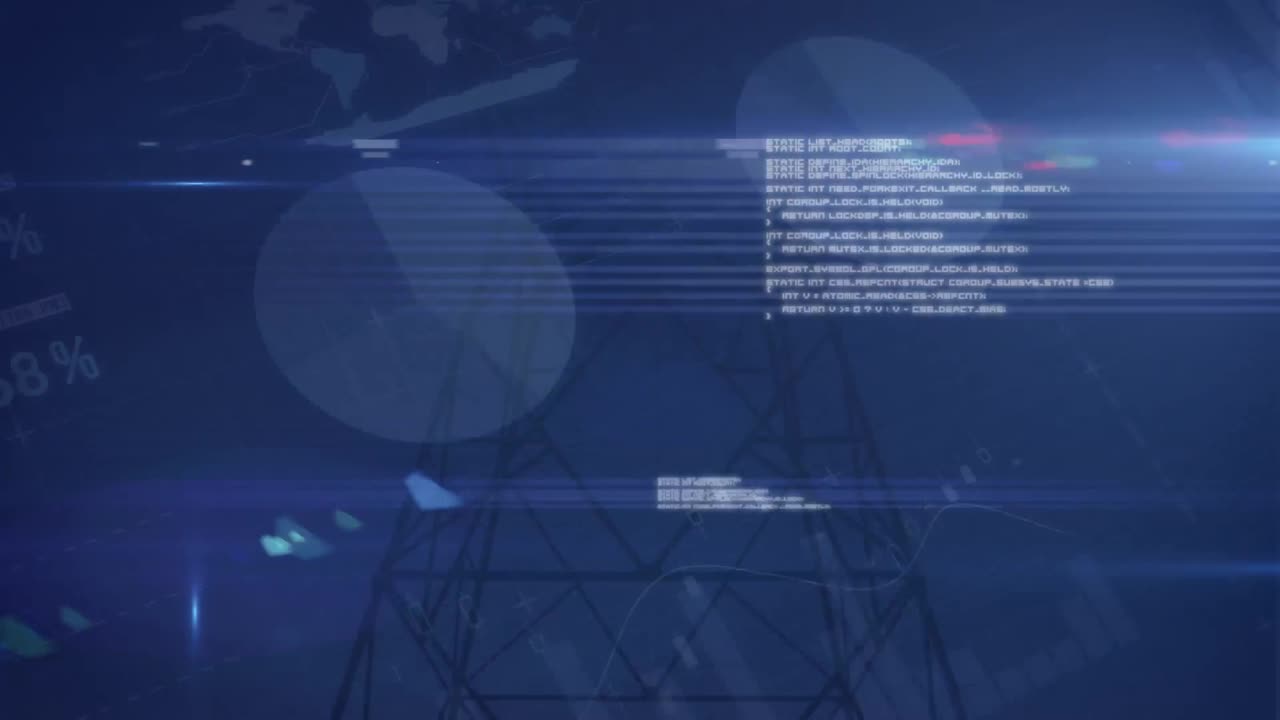 Animation of statistical data processing and light trail against network tower