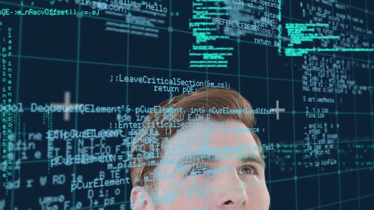 Animation of data processing and caucasian man over gird