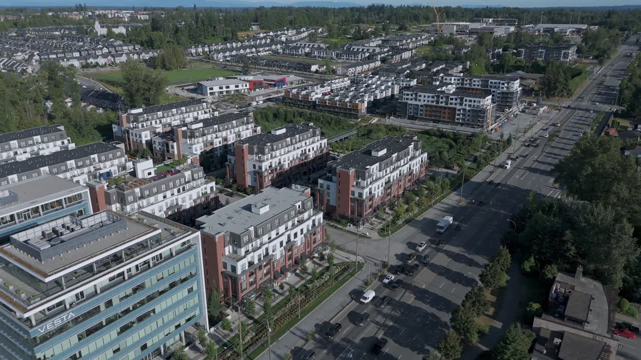 Traffic Jam In Front Of Apartment Complex In Summer In Langley, BC, Canada. - aerial shot