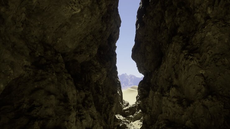 Rugged rock formations lead to a serene sand dune landscape in daytime
