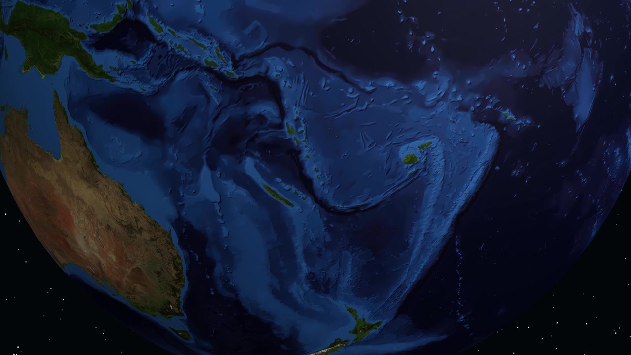 A rotating digital earth zooms into Isangel, Vanuatu, displaying specific regional and religious information