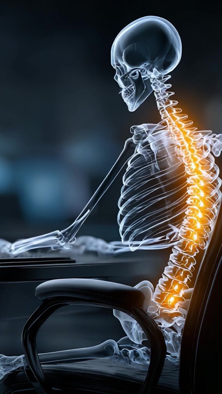 An X-Ray Perspective of a Human Skeleton Sitting at a Desk, Showcasing the Spine's Alignment and Posture in a Darkly Lit Environment