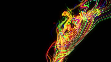 el flujo de fondo abstracto de las líneas de brillo. las partículas de luces en funcionamiento se forman en el espacio 3d brillando hermosas líneas curvas como una bola de cables quemándose con luz de neón. hermoso fondo creativo en bucle en 4k.