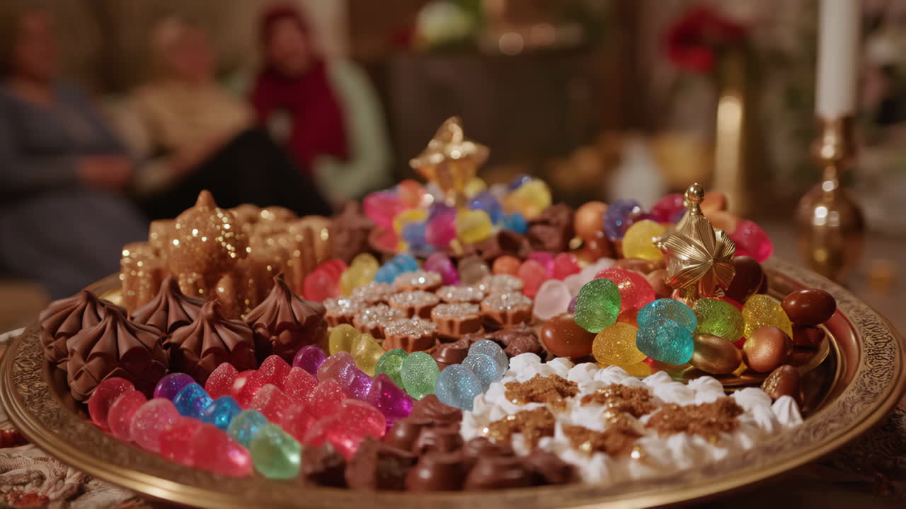 A vibrant platter of assorted colorful Middle Eastern sweets and chocolates for a celebration