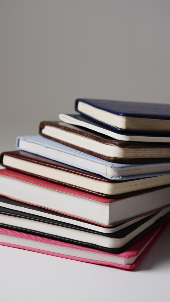 Video vertical de una pila de libros con espacio para texto sobre fondo gris, en cámara lenta
