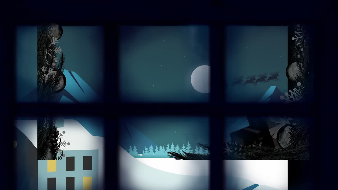 Animation of santa claus in sleigh with reindeer in christmas winter scenery seen through window