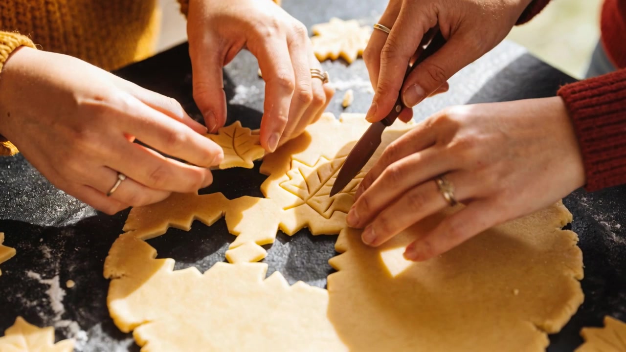 Pressing leaf cutter, two hands cutting dough at counter, etching veins for cookies, wearing knits