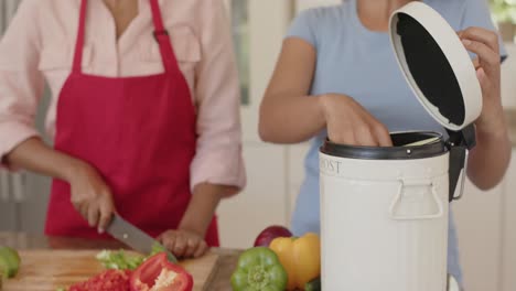feliz pareja de lesbianas diversas tirando desechos y cocinando en la cocina en cámara lenta