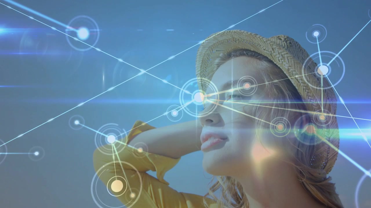 Mujer inclinándose mientras una animación de nodo tecnológico comienza, expandiéndose sobre su rostro y mostrando un visual tecnológico