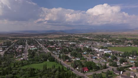 panoramic aerial establish of pinedale, wyoming, with its town layout set against the vast plains and rolling hills