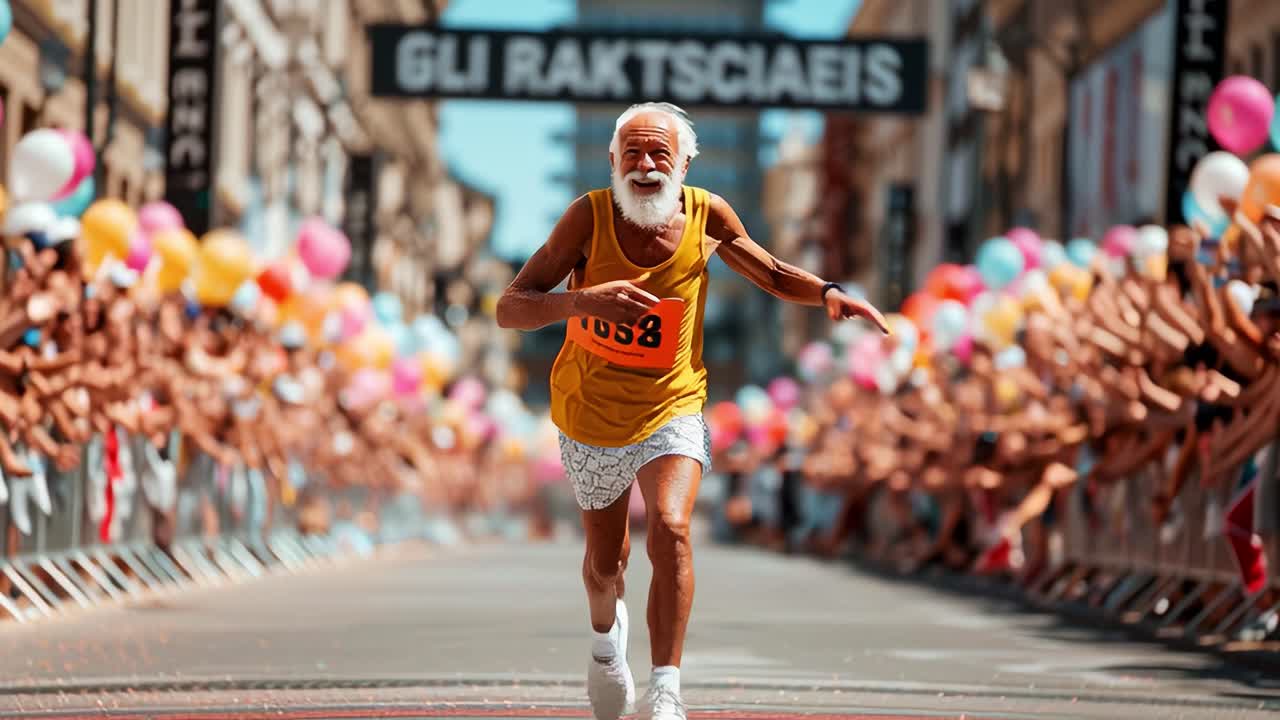 An Inspirational Elderly Man Joyfully Races to the Finish Line in a Colorful Parade, Surrounded by Cheerful Spectators and Vibrant Balloons, Celebrating Life and Determination
