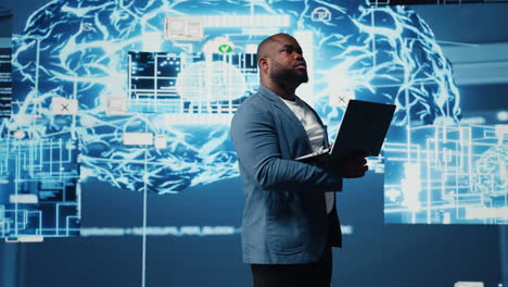 tech savvy black engineer working with ai brain data visualization