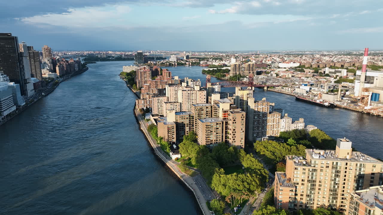 Roosevelt Island - Narrow Residential Island In New York City, East River, United States. Aerial Shot
