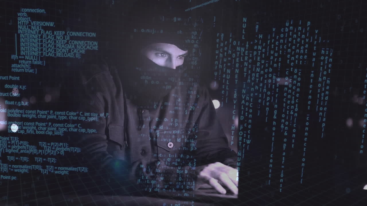 animación digital de un hacker usando el portátil 4k