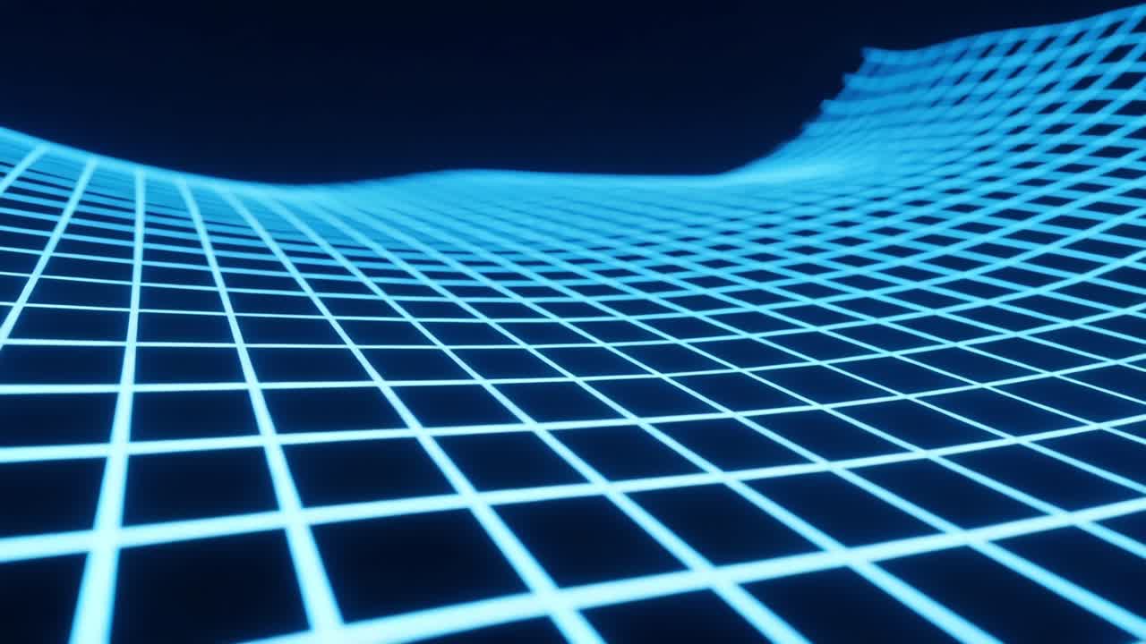 A Stunning Visual Representation of a 3D Grid Pattern Featuring Dynamic Waves, Illuminated in Striking Blue Against a Deep Black Background