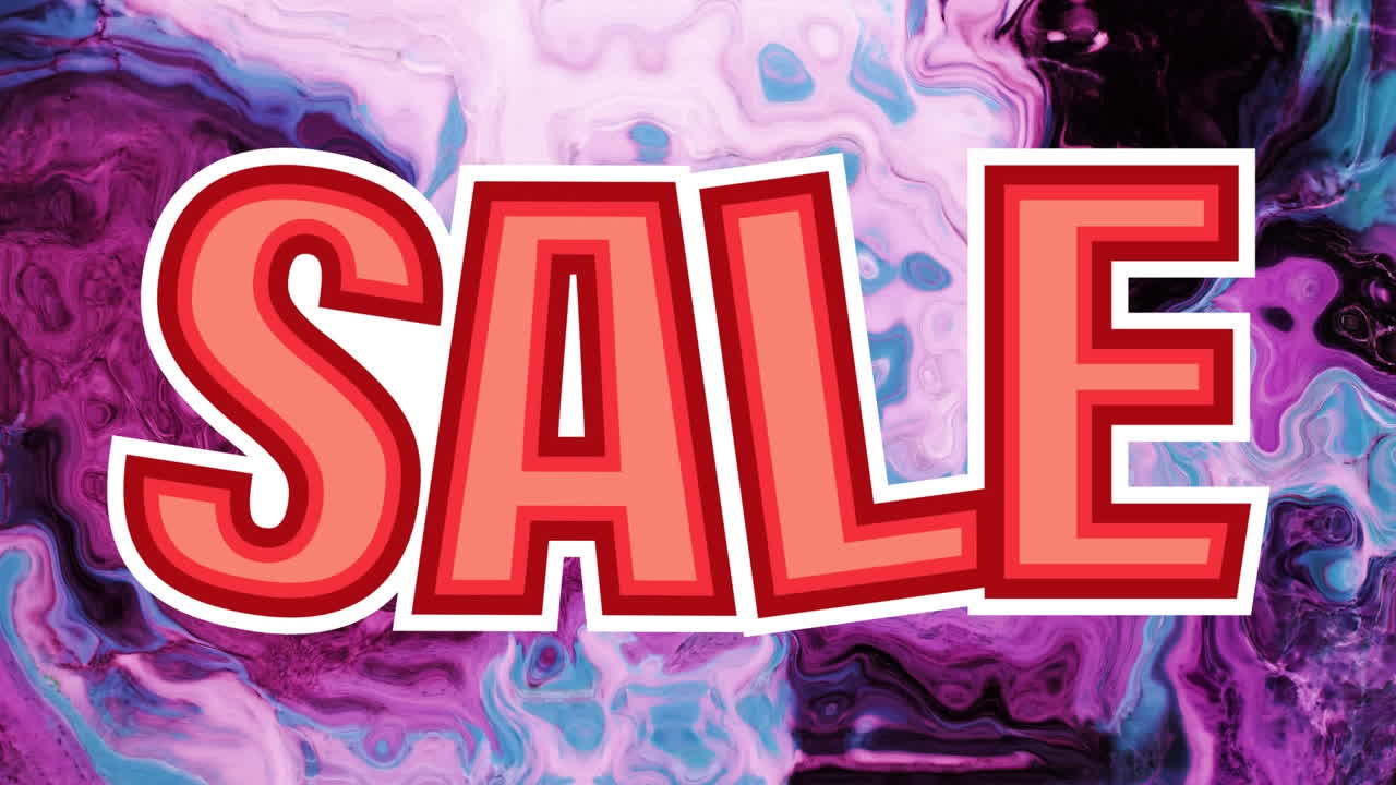 animación de venta de texto en rojo, sobre un fondo rosa y gris arremolinado