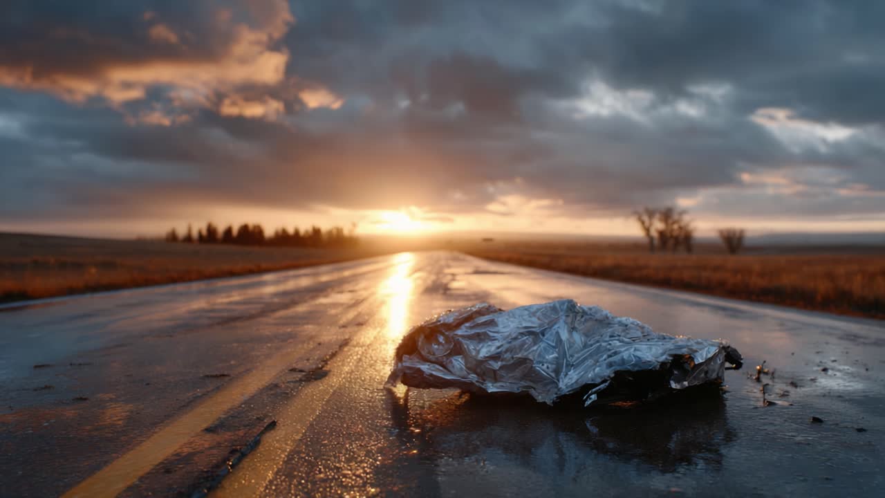 A Glimpse of Tranquility: A Reflective Sunset Over a Rain-Slick Road Featuring a Metallic Object Abandoned in the Foreground Captures the Essence of Change