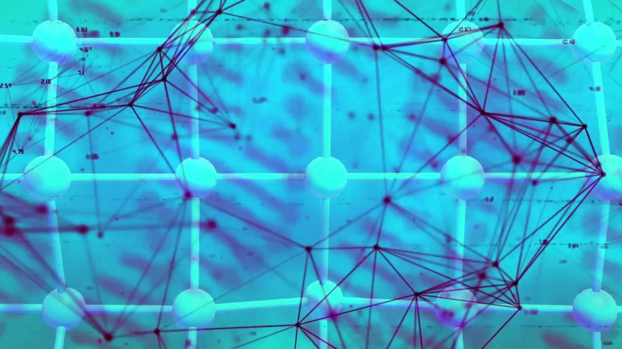 Glitch bands shifting and sliding, revealing molecular lattice while showing network connectivity