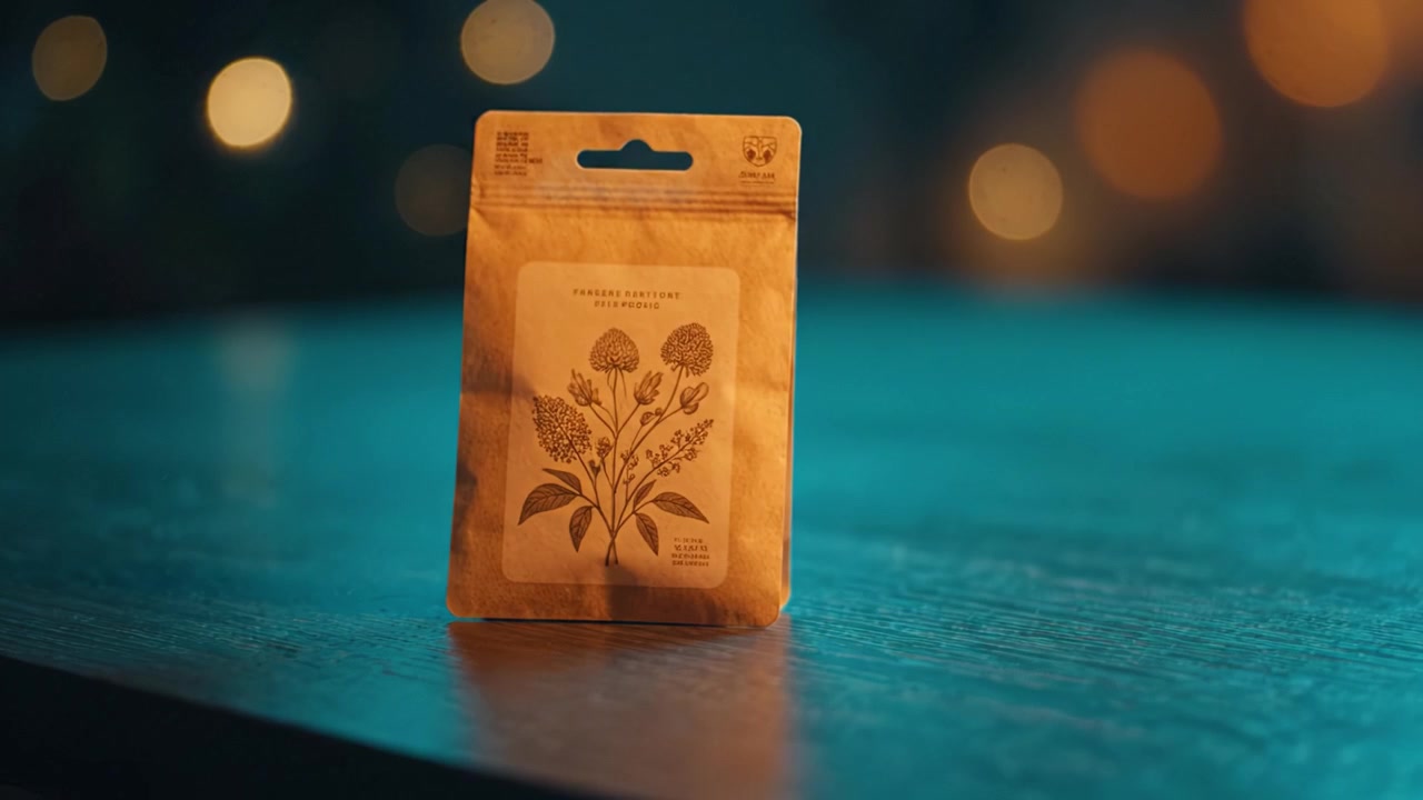 Intriguing Close-up of a Natural Product Package with Floral Design Against a Softly Lit Background, Capturing Interest and Warm Ambiance for Consumers.