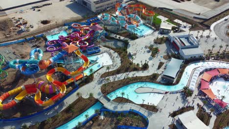 Aerial-orbiting-drone-shot-of-a-Waterpark-in-Southern-California,-Wild-Rivers-is-Orange-County's-premier-summer-destination