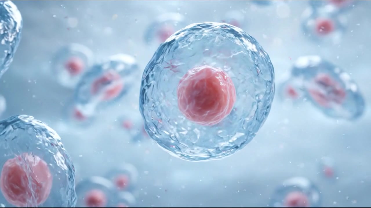 Flere gjennomsiktige celler med røde kjerner flytende i blå biologisk væske