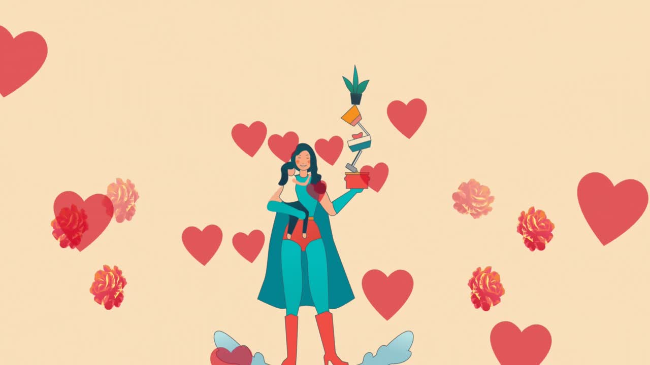 베이지색 배경의 꽃 위에 딸과 심장 아이콘과 함께 슈퍼 히어로 어머니의 애니메이션