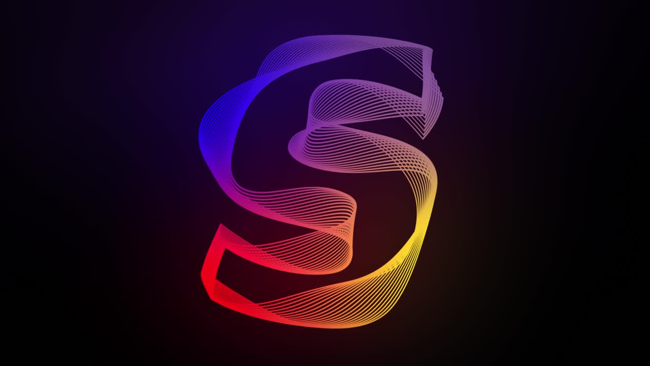 3D Letter S swirling lines animation on dark gradient background abstract dynamic motion graphics particle glow typography visual effect rainbow digital alphabet