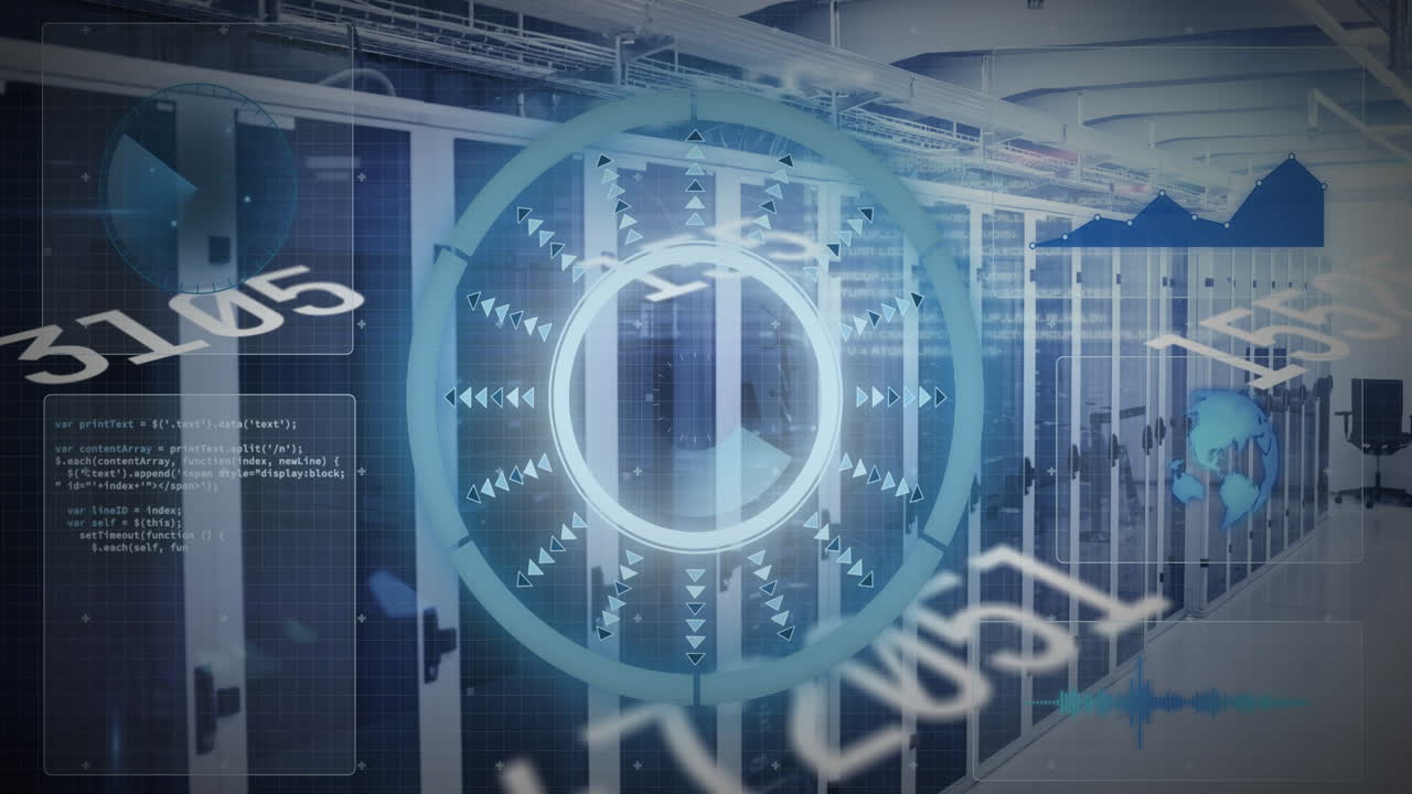 Animation of scope scanning and numbers changing over tech room with computer servers