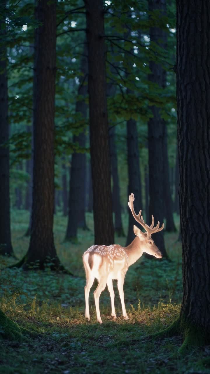 A serene video scene of a deer in a dimly lit forest, captured from a side angle