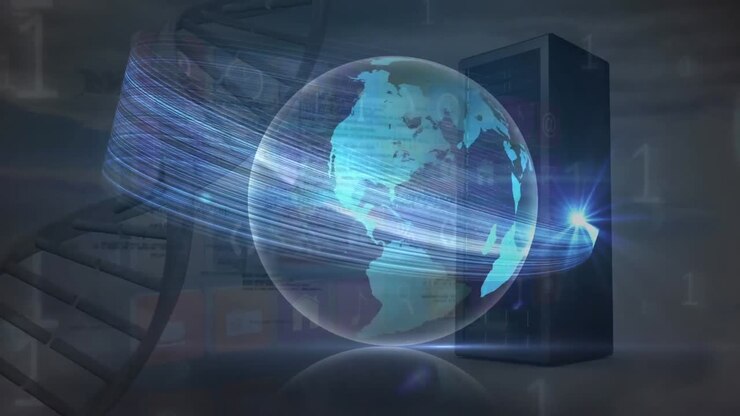 Animazione di curva colorata, bagliore dell'obiettivo attorno a un globo su elica di DNA, linguaggio informatico e CPU.