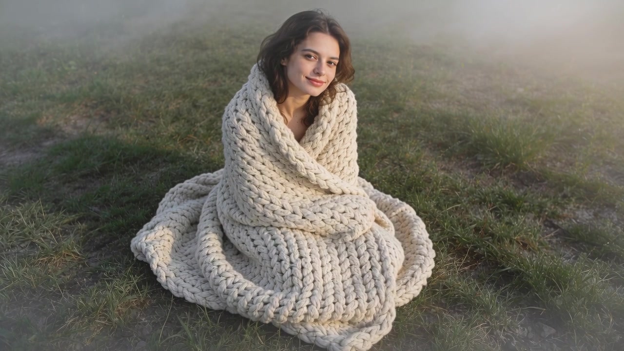 Aprendo gli occhi, una donna si gira verso la telecamera sistemando una coperta di maglia color crema, posando in un campo nebbioso