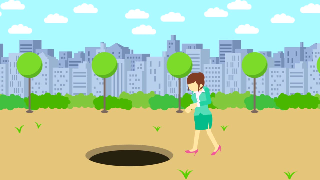 Business woman jump over the hole. Background of town. Risk concept. Loop illustration in flat style.