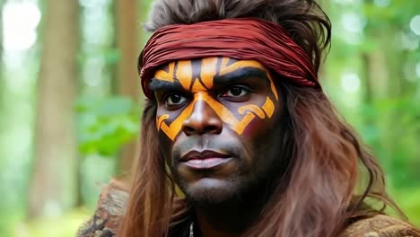 a man with a face painted like a native american in the woods