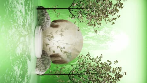 nature forest tree product display stand design with tree leave shadow in 3d rendering animation , e-commerce website sale discount for natural product green background