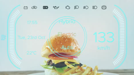 electric car data overlay with burger and futuristic digital dashboard elements