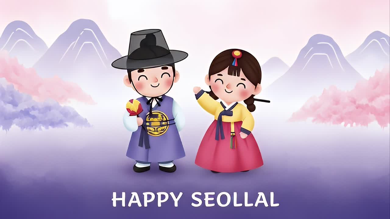 Happy Seollal illustration with Korean children holding lucky bag in purple mist